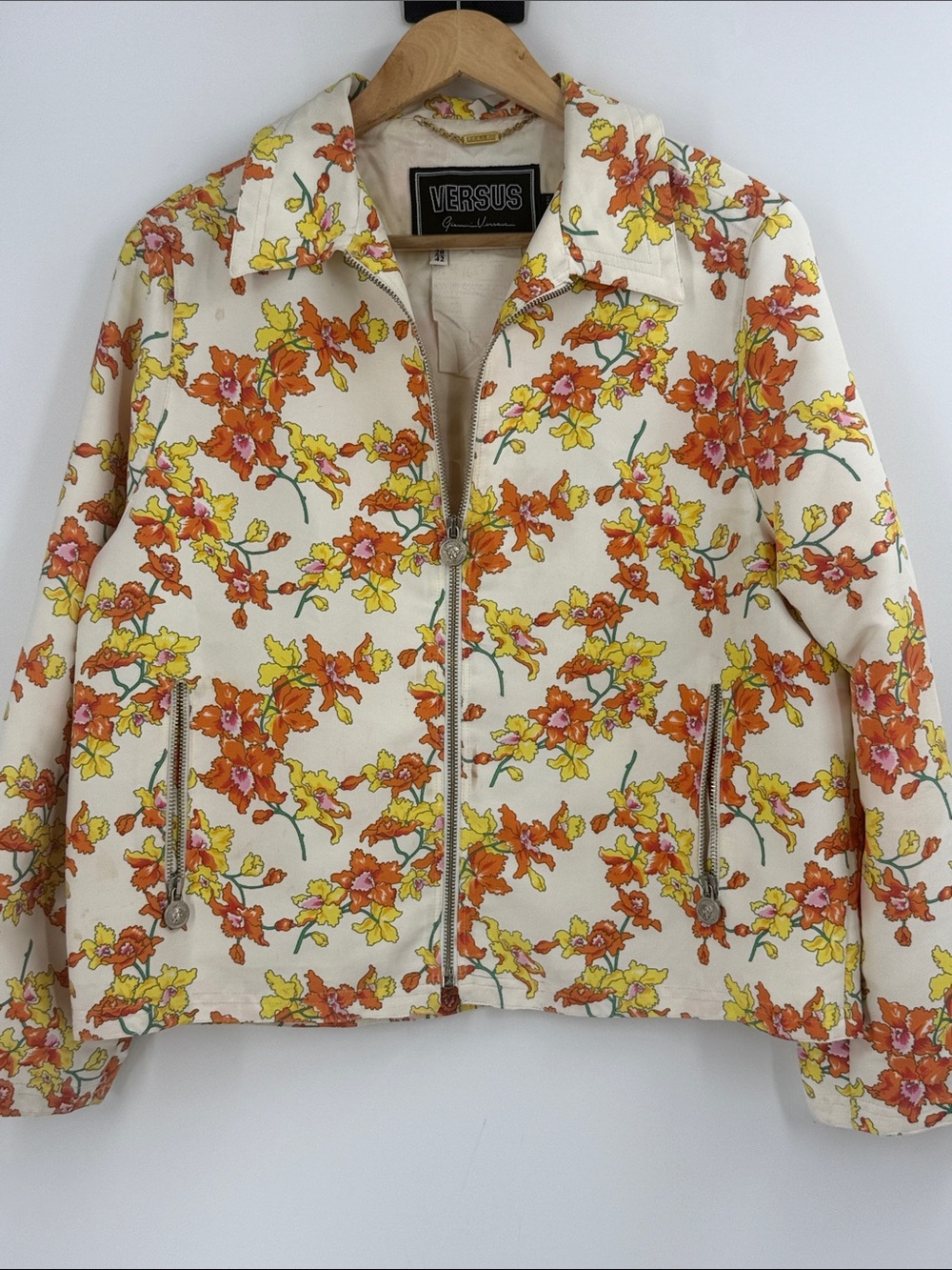 Versus Gianni Versace satiny multi florals coral cream  summer zip front jacket